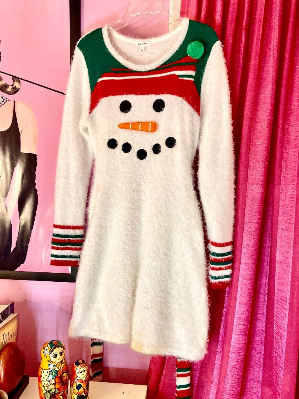 White Snowman Knit Midi Dress with Red & Green Accents
